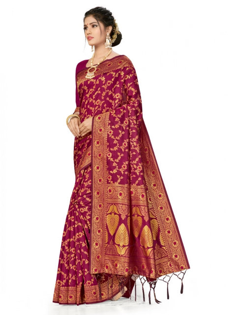 Women's Banarasi Silk Saree With Blouse (Wine, 5-6Mtrs)