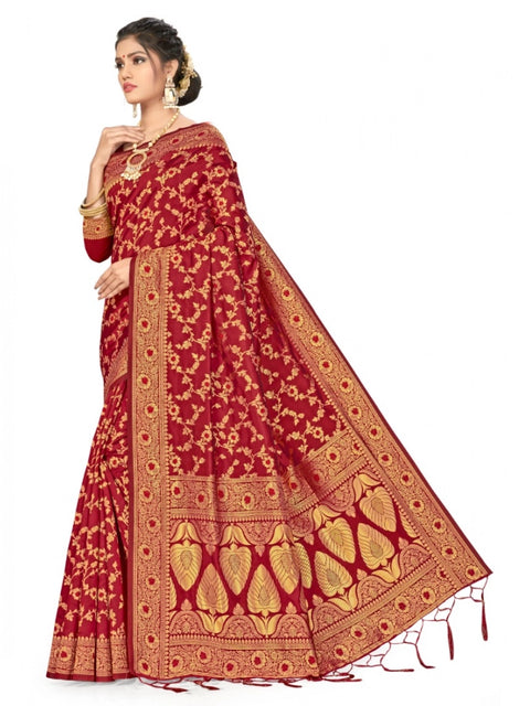 Women's Banarasi Silk Saree With Blouse (Maroon, 5-6Mtrs)