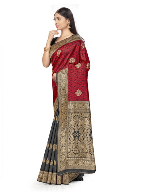 Women's Banarasi Silk Saree With Blouse (Black, Red, 5-6Mtrs)
