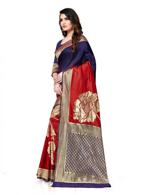 Women's Banarasi Silk Saree With Blouse (Navy Blue, Red, 5-6Mtrs)