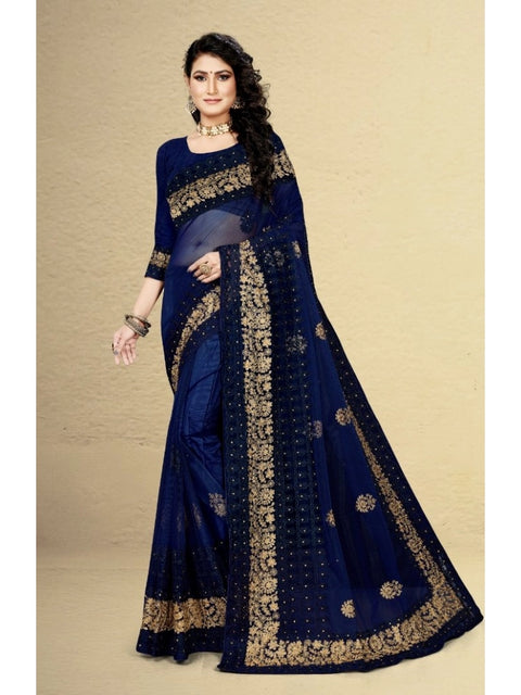 Women's Net Saree With Blouse (Navy Blue, 5-6Mtrs)