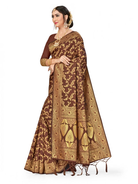 Women's Banarasi Silk Saree With Blouse (Coffee, 5-6Mtrs)