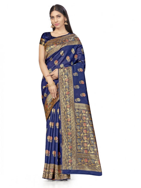 Women's Banarasi Silk Saree With Blouse (Navy Blue, 5-6Mtrs)