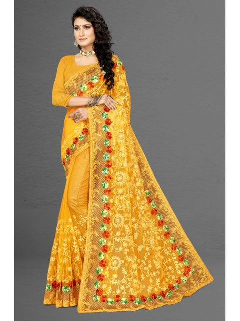 Women's Net Saree With Blouse (Yellow, 5-6Mtrs)