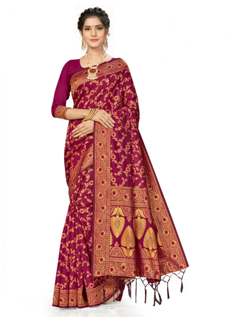 Women's Banarasi Silk Saree With Blouse (Wine, 5-6Mtrs)