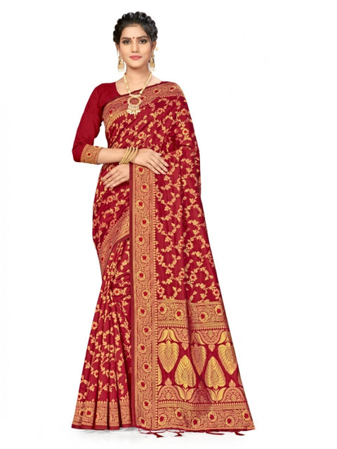 Women's Banarasi Silk Saree With Blouse (Maroon, 5-6Mtrs)
