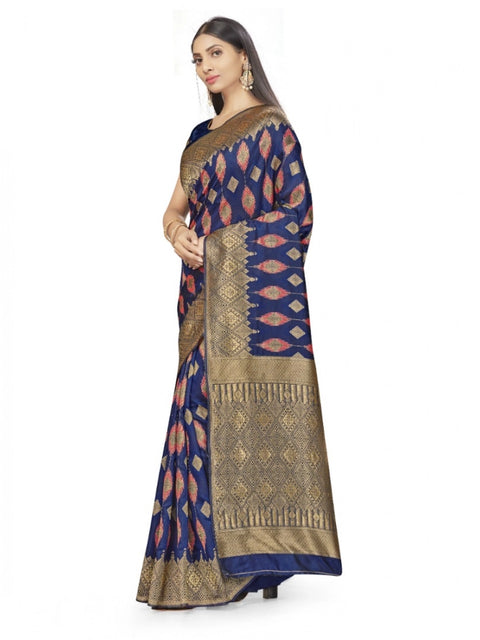 Women's Banarasi Silk Saree With Blouse (Navy Blue, 5-6Mtrs)