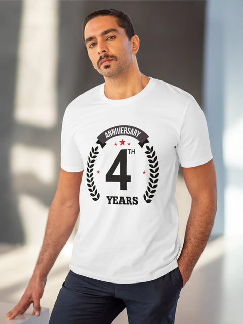 Men's PC Cotton 4th Anniversary Printed T Shirt (Color: White, Thread Count: 180GSM)