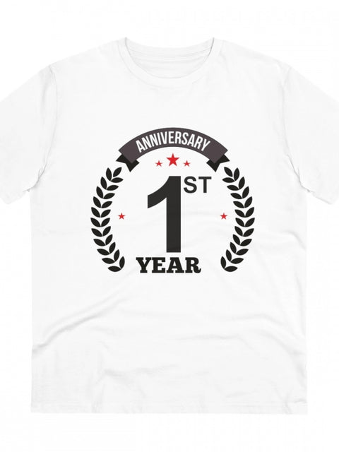 Men's PC Cotton 1st Anniversary Printed T Shirt (Color: White, Thread Count: 180GSM)