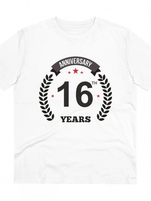 Men's PC Cotton 16th Anniversary Printed T Shirt (Color: White, Thread Count: 180GSM)