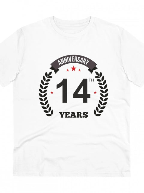 Men's PC Cotton 14th Anniversary Printed T Shirt (Color: White, Thread Count: 180GSM)