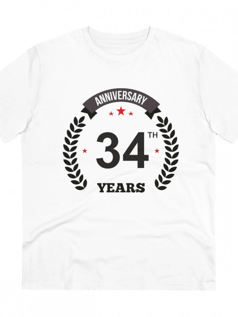 Men's PC Cotton 34th Anniversary Printed T Shirt (Color: White, Thread Count: 180GSM)