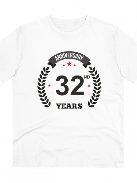 Men's PC Cotton 32nd Anniversary Printed T Shirt (Color: White, Thread Count: 180GSM)