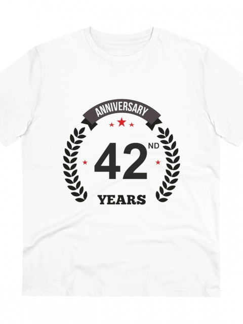 Men's PC Cotton 42nd Anniversary Printed T Shirt (Color: White, Thread Count: 180GSM)