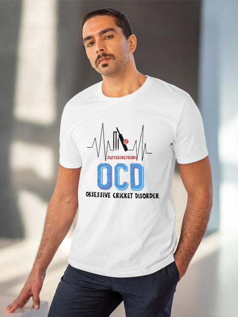 Men's PC Cotton Cricket Design Printed T Shirt (Color: White, Thread Count: 180GSM)