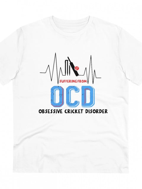 Men's PC Cotton Cricket Design Printed T Shirt (Color: White, Thread Count: 180GSM)