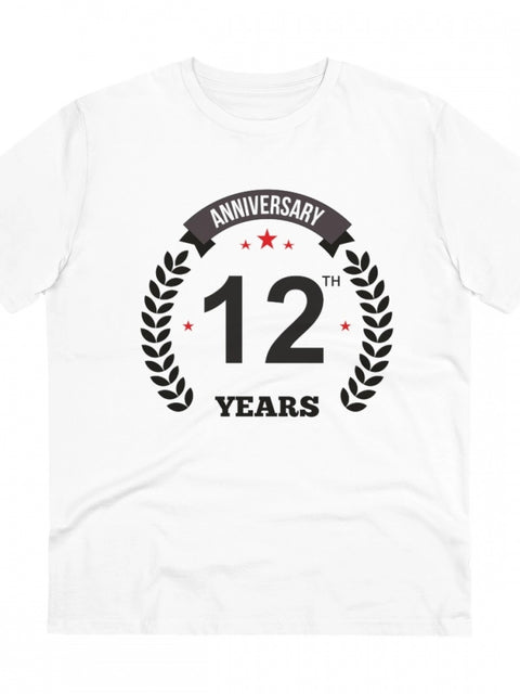 Men's PC Cotton 12th Anniversary Printed T Shirt (Color: White, Thread Count: 180GSM)