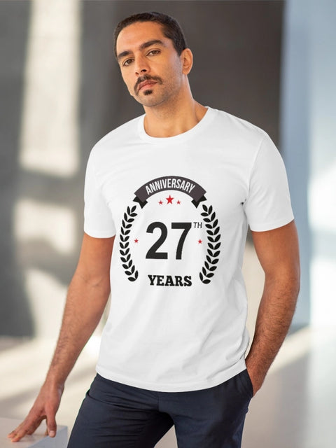 Men's PC Cotton 27th Anniversary Printed T Shirt (Color: White, Thread Count: 180GSM)