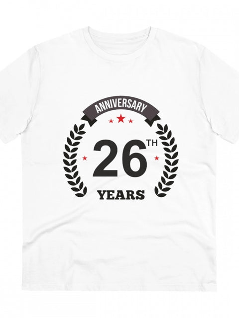Men's PC Cotton 26th Anniversary Printed T Shirt (Color: White, Thread Count: 180GSM)
