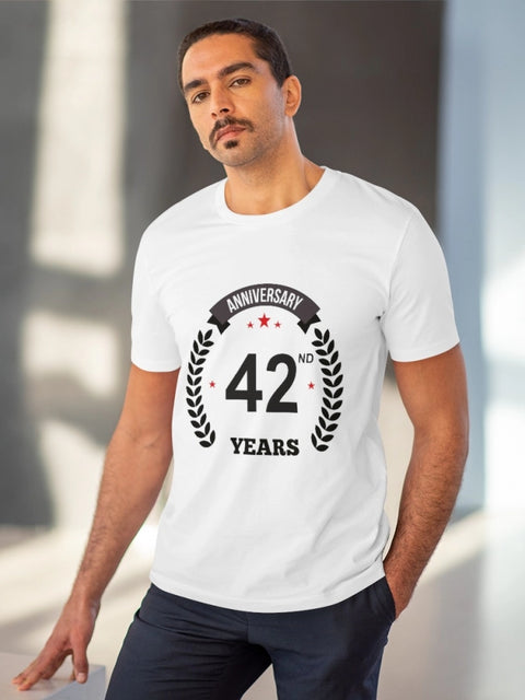 Men's PC Cotton 42nd Anniversary Printed T Shirt (Color: White, Thread Count: 180GSM)