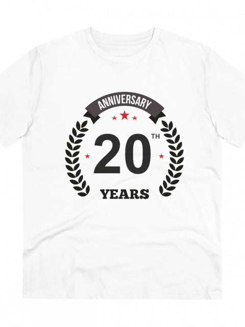 Men's PC Cotton 20th Anniversary Printed T Shirt (Color: White, Thread Count: 180GSM)