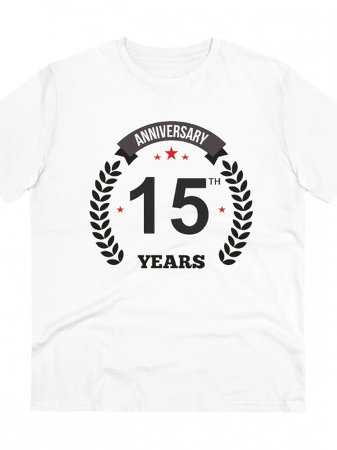 Men's PC Cotton 15th Anniversary Printed T Shirt (Color: White, Thread Count: 180GSM)