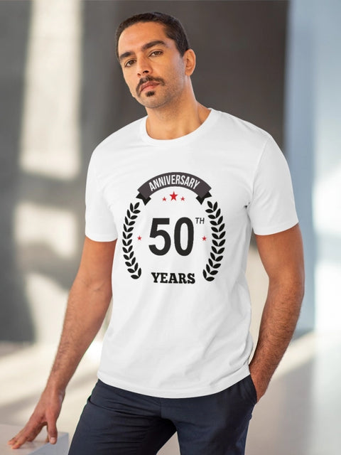 Men's PC Cotton 50th Anniversary Printed T Shirt (Color: White, Thread Count: 180GSM)