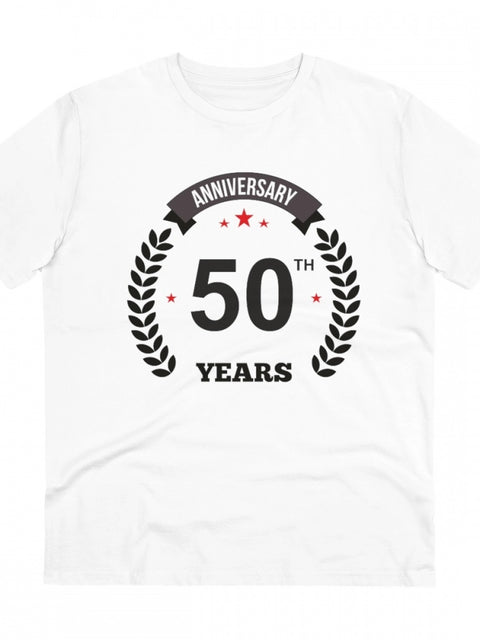 Men's PC Cotton 50th Anniversary Printed T Shirt (Color: White, Thread Count: 180GSM)