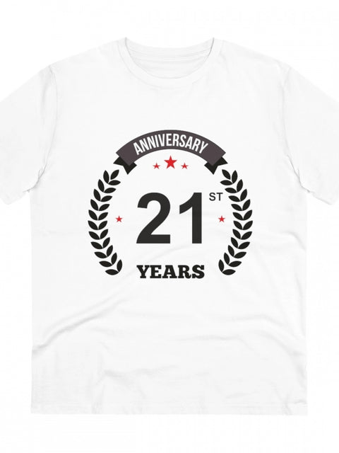 Men's PC Cotton 21st Anniversary Printed T Shirt (Color: White, Thread Count: 180GSM)