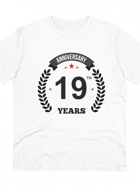 Men's PC Cotton 19th Anniversary Printed T Shirt (Color: White, Thread Count: 180GSM)