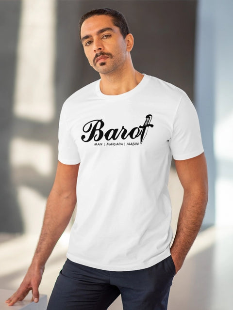 Men's PC Cotton Cast Design Barot Printed T Shirt (Color: White, Thread Count: 180GSM)