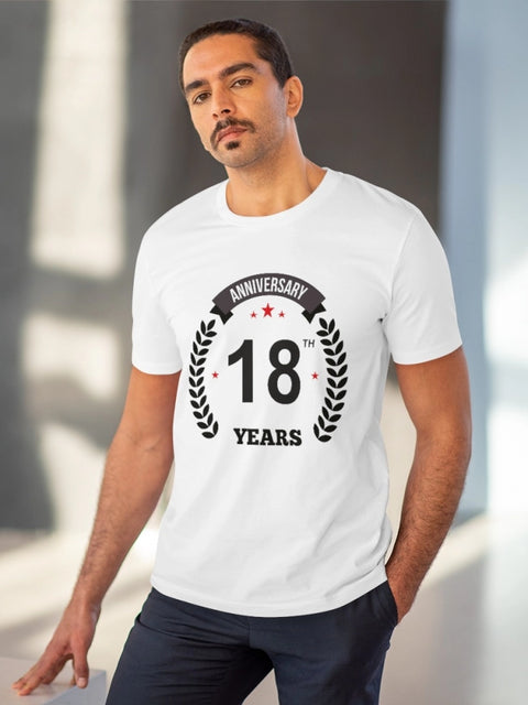Men's PC Cotton 18th Anniversary Printed T Shirt (Color: White, Thread Count: 180GSM)