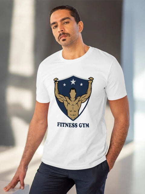 Men's PC Cotton Fittnes Gym Printed T Shirt (Color: White, Thread Count: 180GSM)