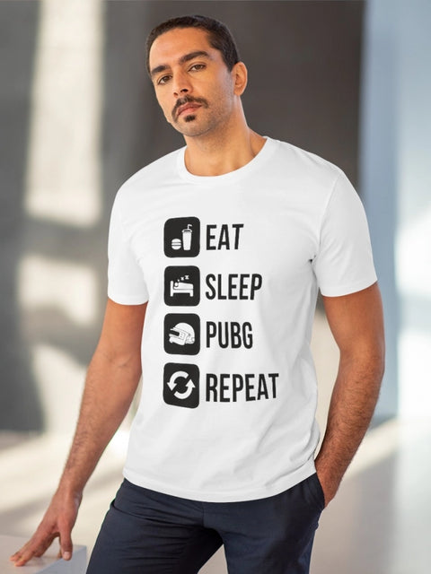 Men's PC Cotton Eat Sleep Pubg Repeat Printed T Shirt (Color: White, Thread Count: 180GSM)