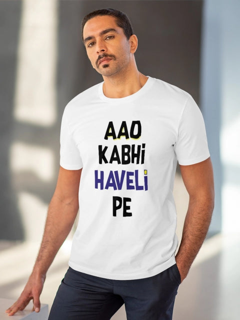 Generic Men's PC Cotton Aao Kabhi Haveli Pe Printed T Shirt (Color: White, Thread Count: 180GSM)