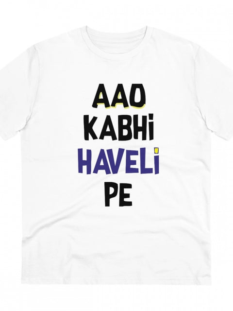 Generic Men's PC Cotton Aao Kabhi Haveli Pe Printed T Shirt (Color: White, Thread Count: 180GSM)