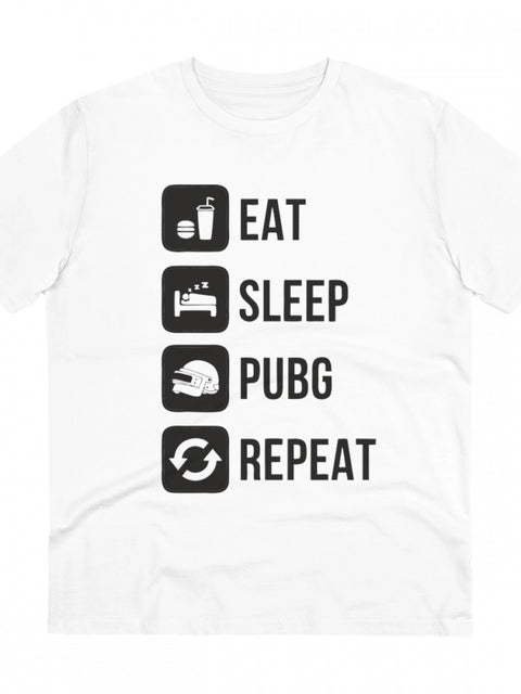 Men's PC Cotton Eat Sleep Pubg Repeat Printed T Shirt (Color: White, Thread Count: 180GSM)