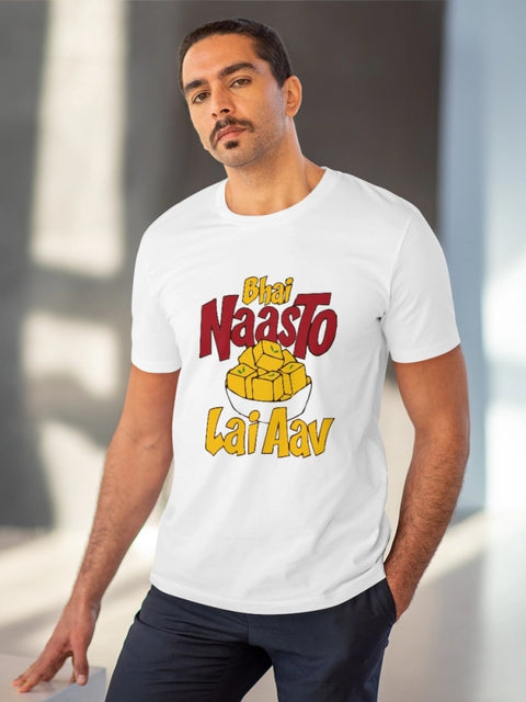Generic Men's PC Cotton Bhai Nasto Lai Aav Printed T Shirt (Color: White, Thread Count: 180GSM)