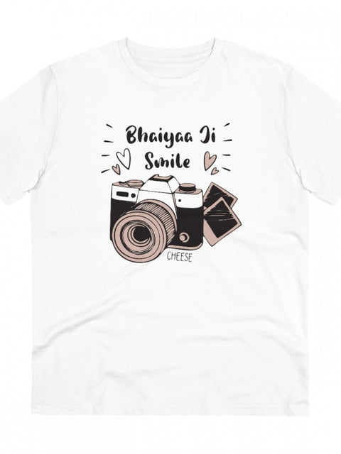 Generic Men's PC Cotton Bhaiya Ji Smile Printed T Shirt (Color: White, Thread Count: 180GSM)
