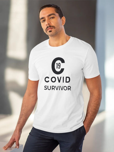Generic Men's PC Cotton Covid 19 Survivor Printed T Shirt (Color: White, Thread Count: 180GSM)