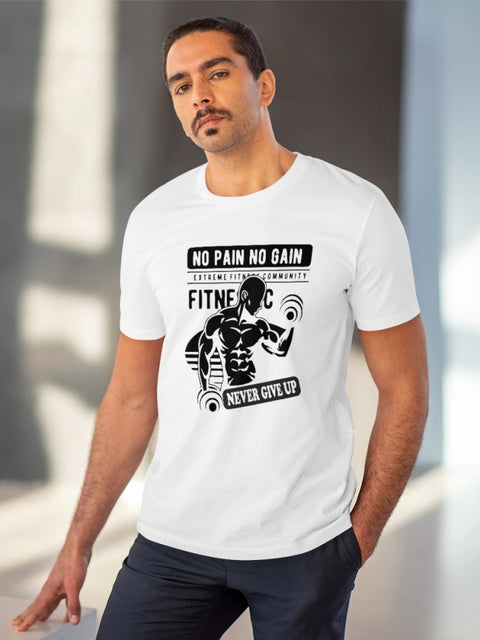 Men's PC Cotton Gym No Pain No Gain Never Give Up Printed T Shirt (Color: White, Thread Count: 180GSM)