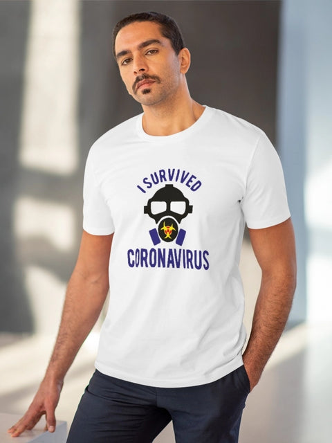 Generic Men's PC Cotton I Survived Coronavirus Printed T Shirt (Color: White, Thread Count: 180GSM)