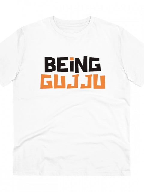 Generic Men's PC Cotton Being Gujju Printed T Shirt (Color: White, Thread Count: 180GSM)