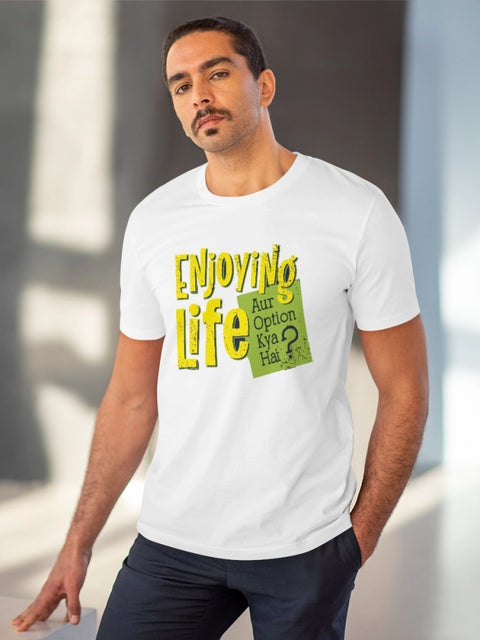 Generic Men's PC Cotton Enjoying Life Printed T Shirt (Color: White, Thread Count: 180GSM)
