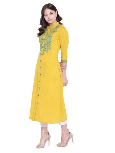 Generic Women's Khadi Embroidered Kurti (Yellow, Khadi)