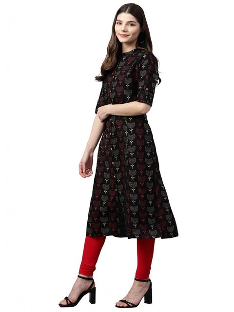 Women's Cotton Printed A Line Kurti (Black, Cotton)
