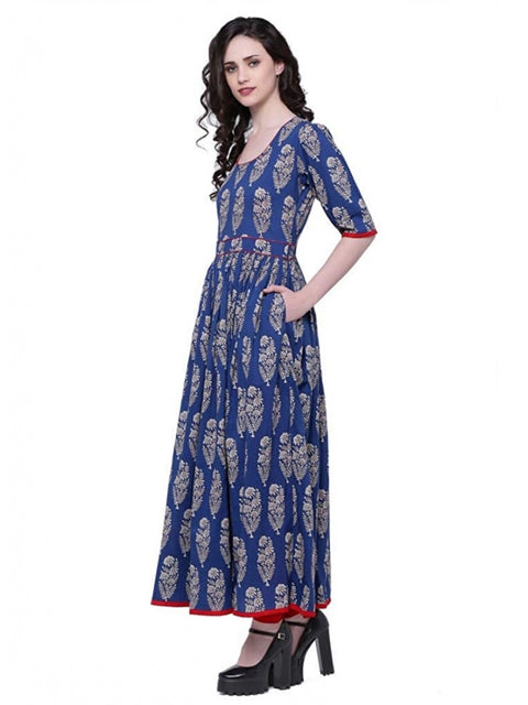 Women's Cotton Printed Anarkali Kurti (Blue, Cotton)