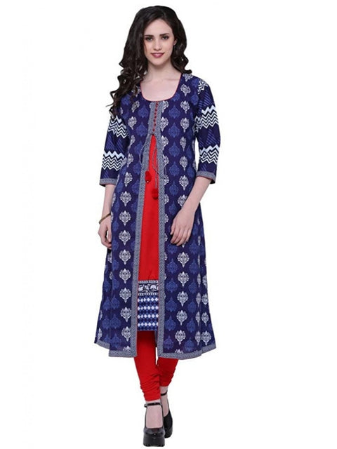 Women's Cotton Printed Long Kurti (Blue, Red, Cotton)