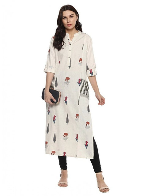 Women's Khadi Printed A Line Kurti (Off White, Khadi)