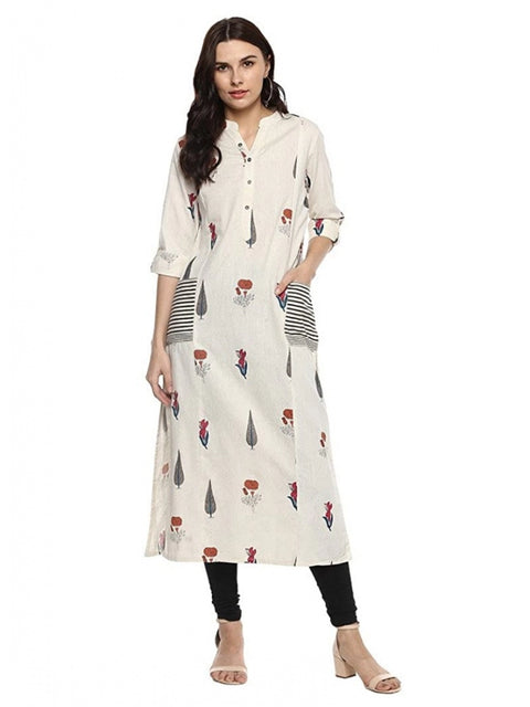 Women's Khadi Printed A Line Kurti (Off White, Khadi)